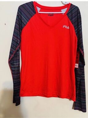 Fila Red V-Neck Long Sleeve Top with Patterned Black Sleeves